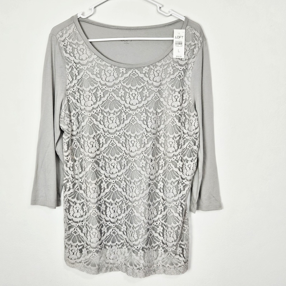 Ann Taylor LOFT Blouse Sz L Floral Lace Overlay Lined Top 3/4 Sleeve‎ Cotton NEW